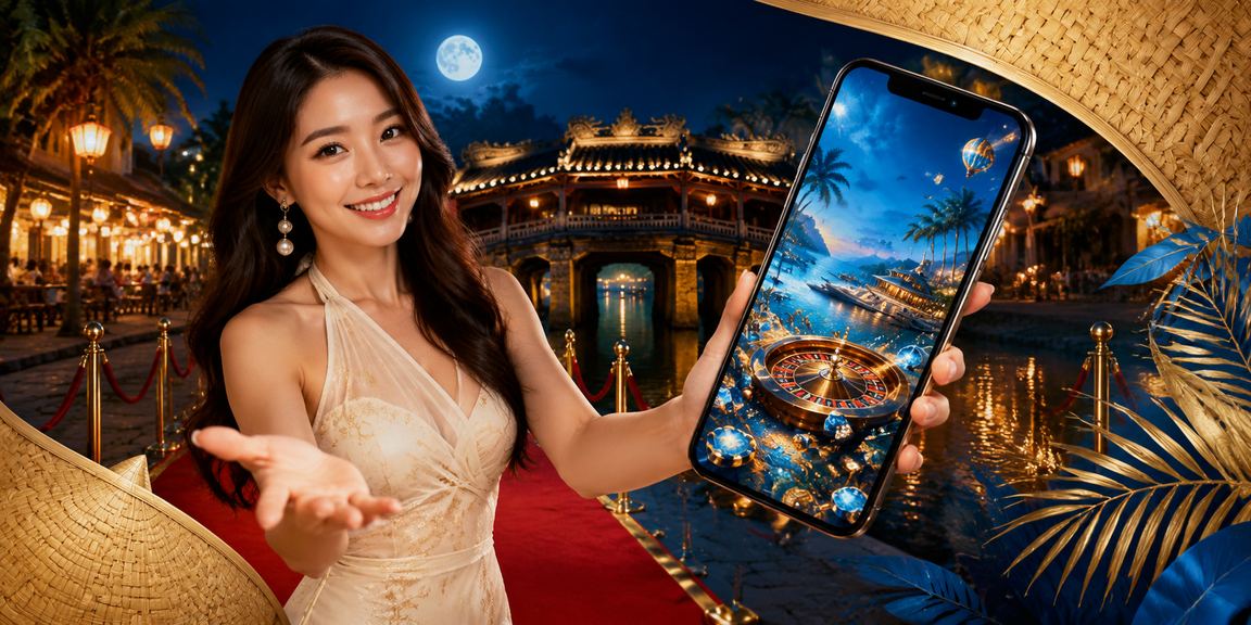 Người dùng sử dụng điện thoại chơi casino trực tuyến tại Hội An với nón lá truyền thống